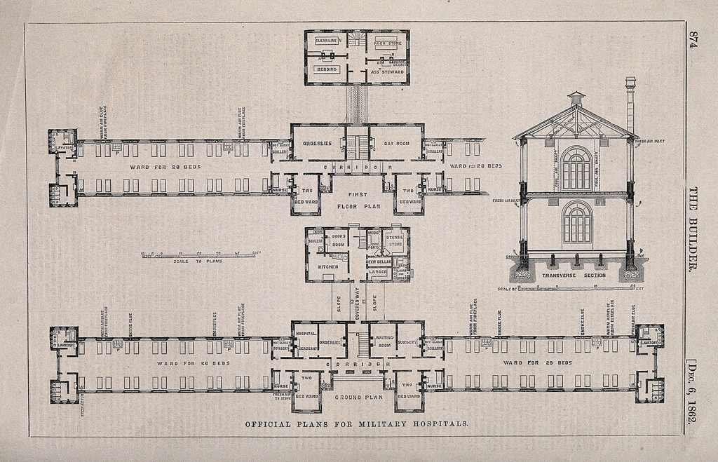 Grabado antiguo con plantas arquitectónicas y un corte transversal de un edificio.
